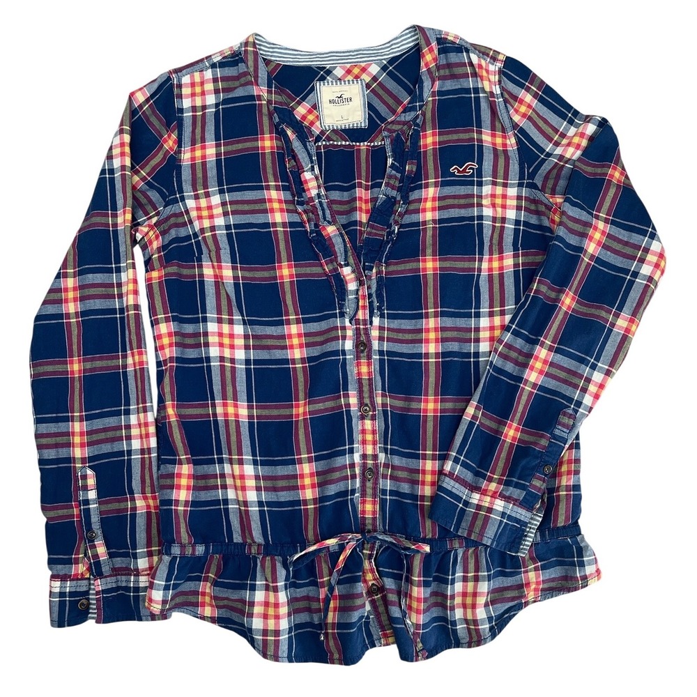 Hollister Plaid Blouse Womens Large Blue Red Ruffle Peplum Boho Preppy Top